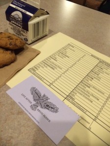 Milk and Cookies and a picture of the budget worksheet and the Life After Bryn Mawr punch card